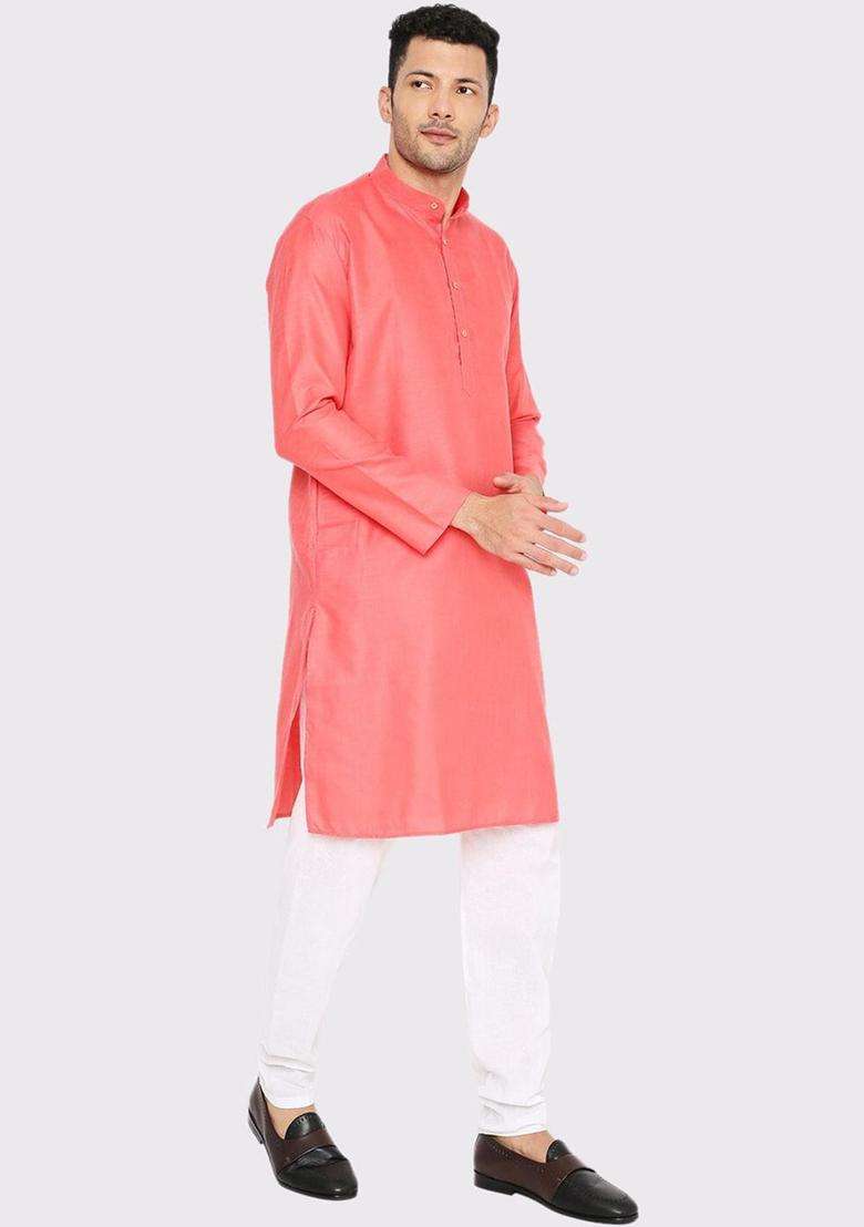 Coral Solid Cotton Kurta Set For Men - Indya