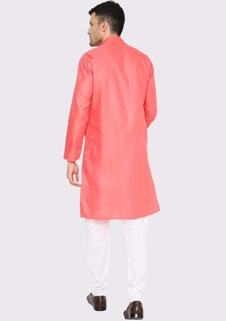 Coral Solid Cotton Kurta Set For Men - Indya
