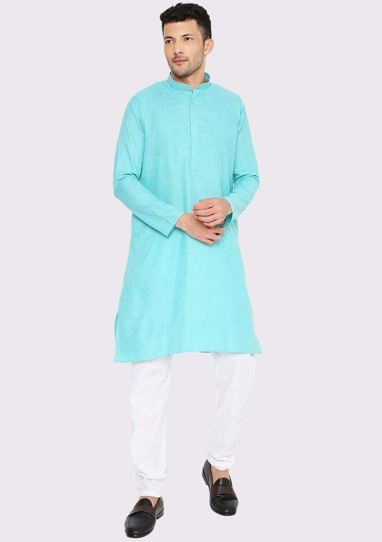 Turquoise Blue Solid Cotton Kurta Set For Men - Indya