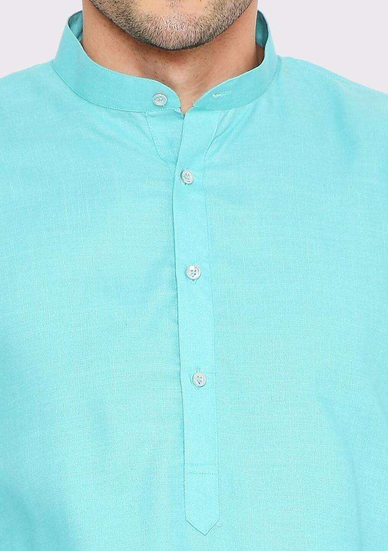 Turquoise Blue Solid Cotton Kurta Set For Men - Indya