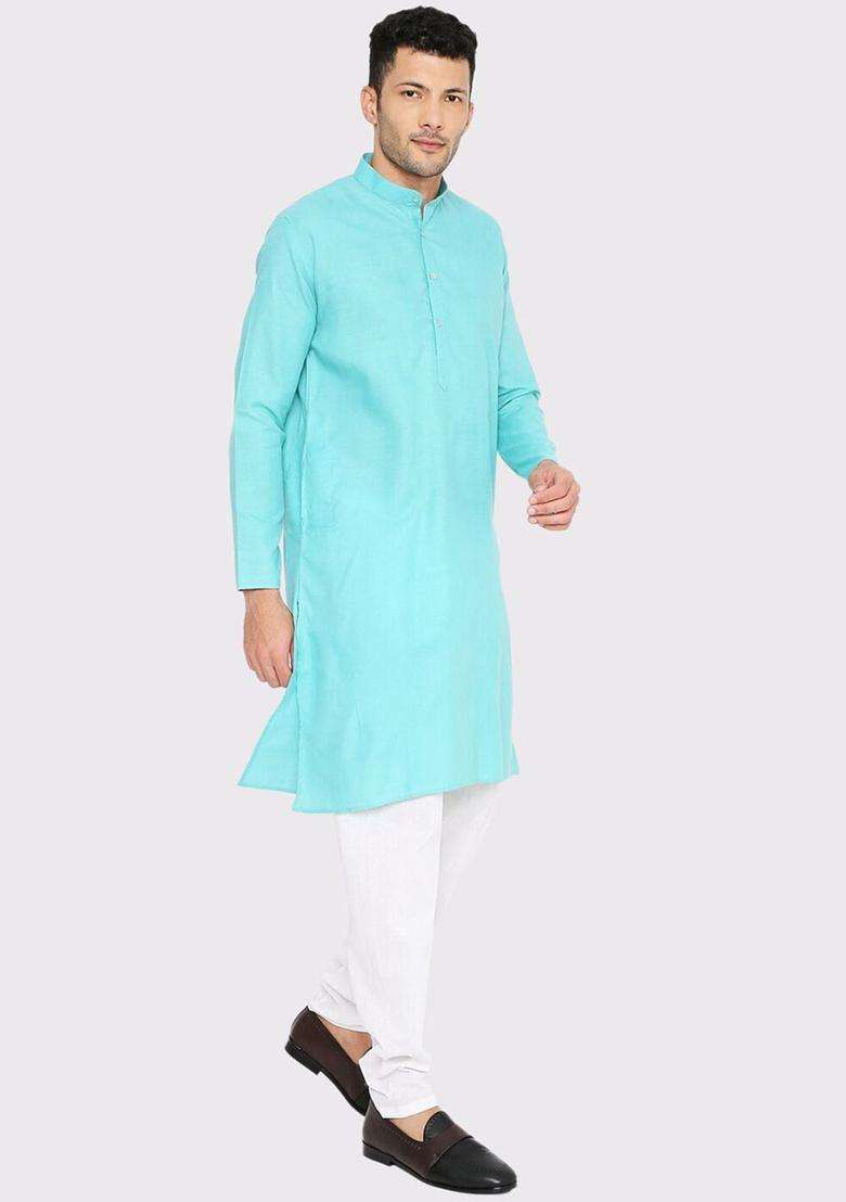 Turquoise Blue Solid Cotton Kurta Set For Men - Indya