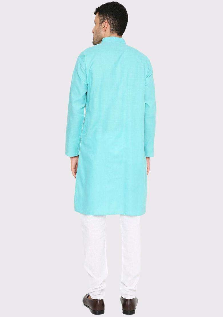Turquoise Blue Solid Cotton Kurta Set For Men - Indya
