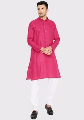Pink Solid Cotton Kurta Set For Men