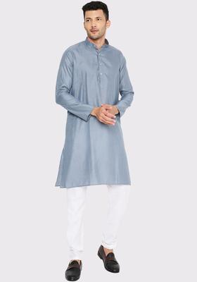 Grey Solid Cotton Kurta Set For Men