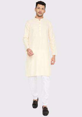 Off White Solid Cotton Kurta Set For Men