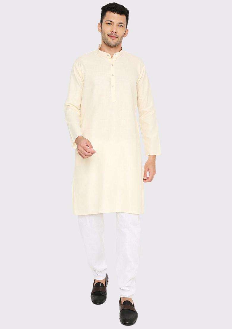 Off White Solid Cotton Kurta Set For Men - Indya