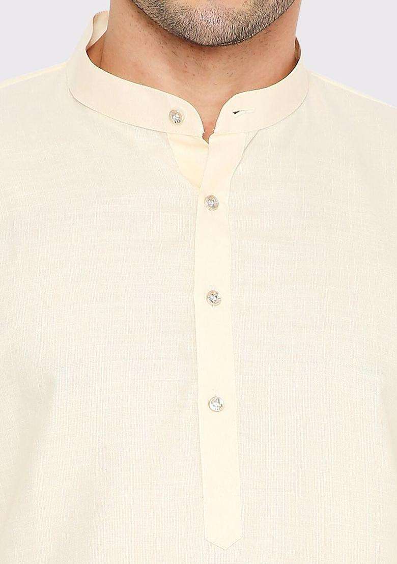 Off White Solid Cotton Kurta Set For Men - Indya