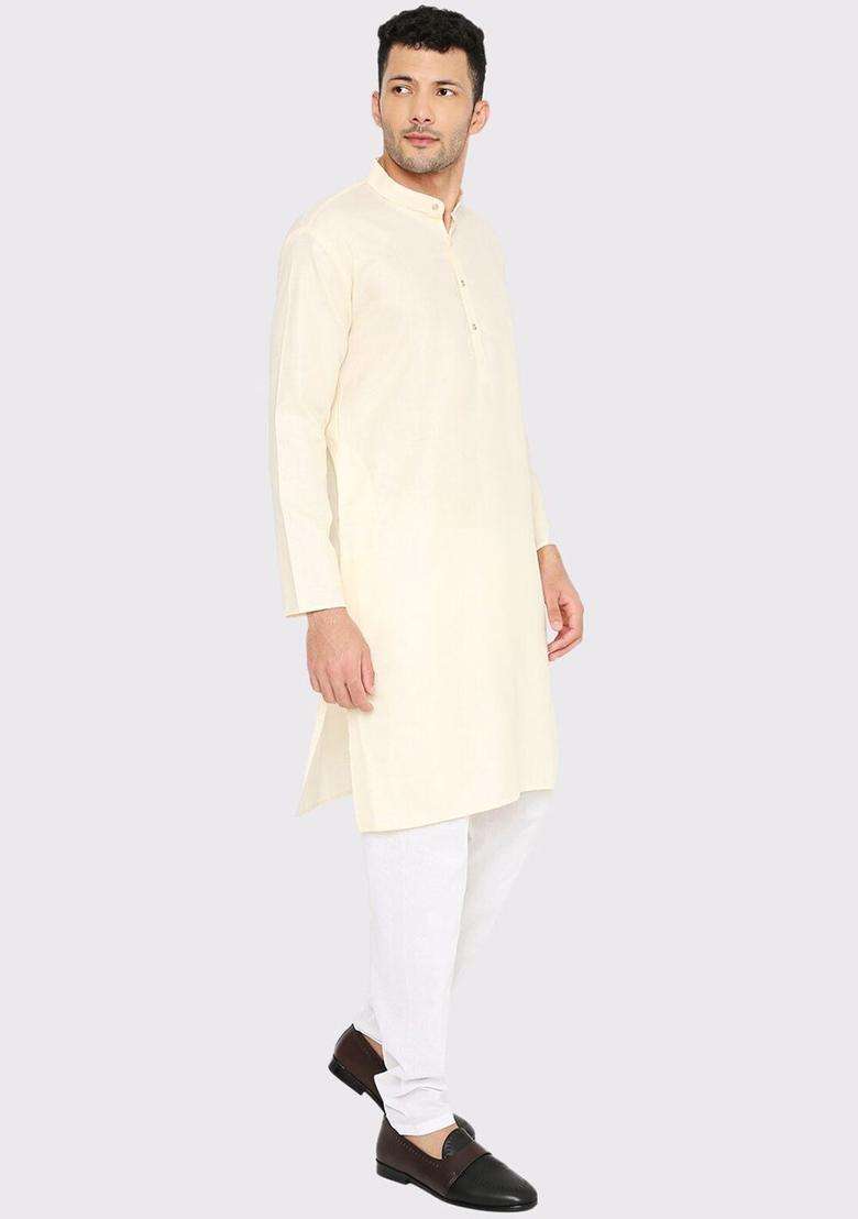 Off White Solid Cotton Kurta Set For Men - Indya