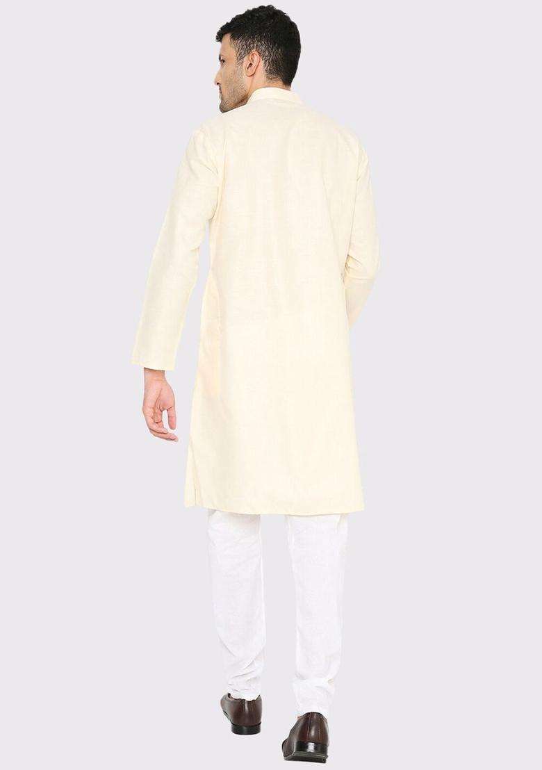 Off White Solid Cotton Kurta Set For Men - Indya