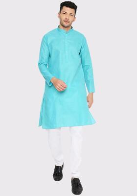 Turquoise Blue Solid Cotton Kurta Set For Men