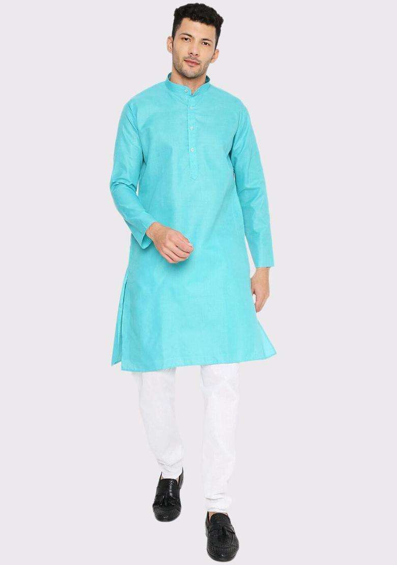 Turquoise Blue Solid Cotton Kurta Set For Men - Indya