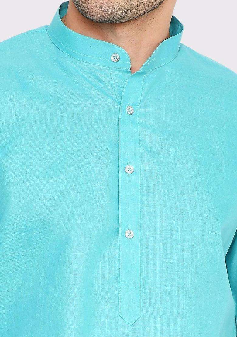 Turquoise Blue Solid Cotton Kurta Set For Men - Indya