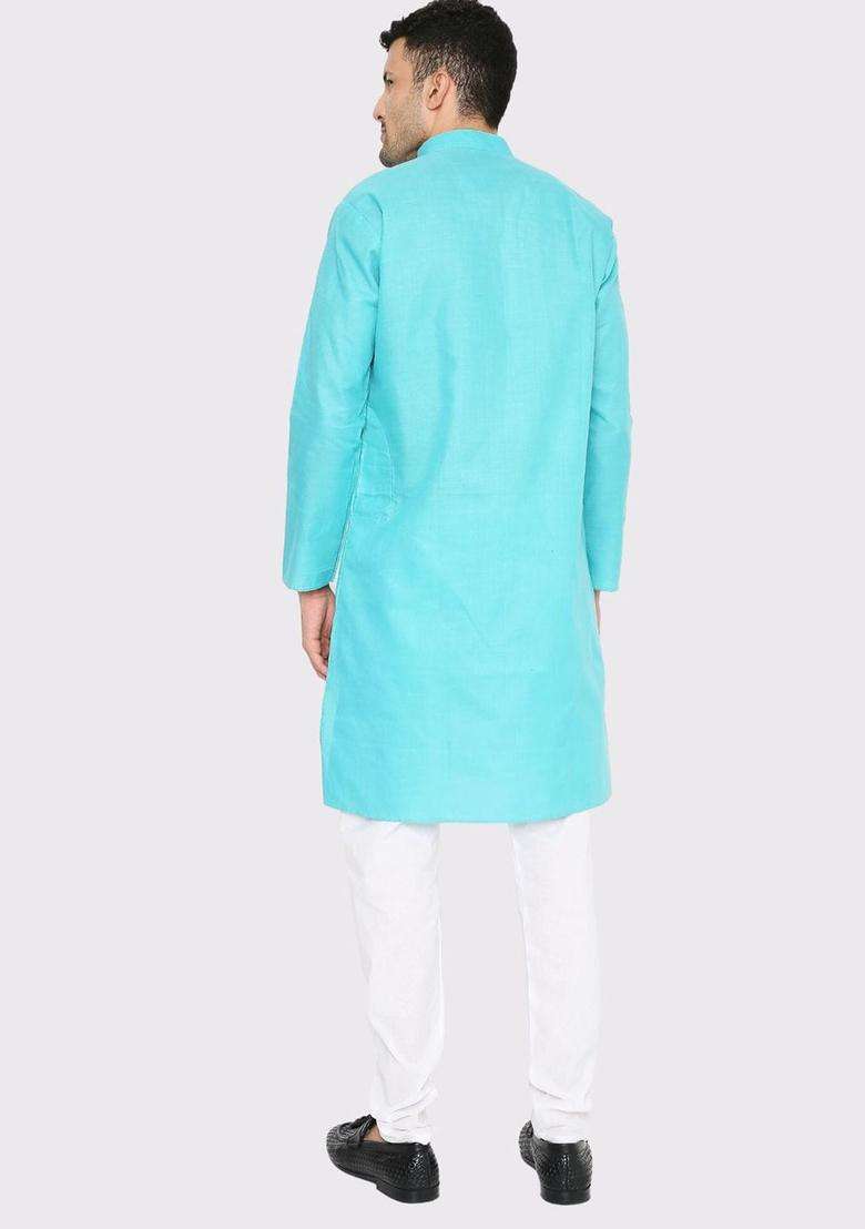 Turquoise Blue Solid Cotton Kurta Set For Men - Indya