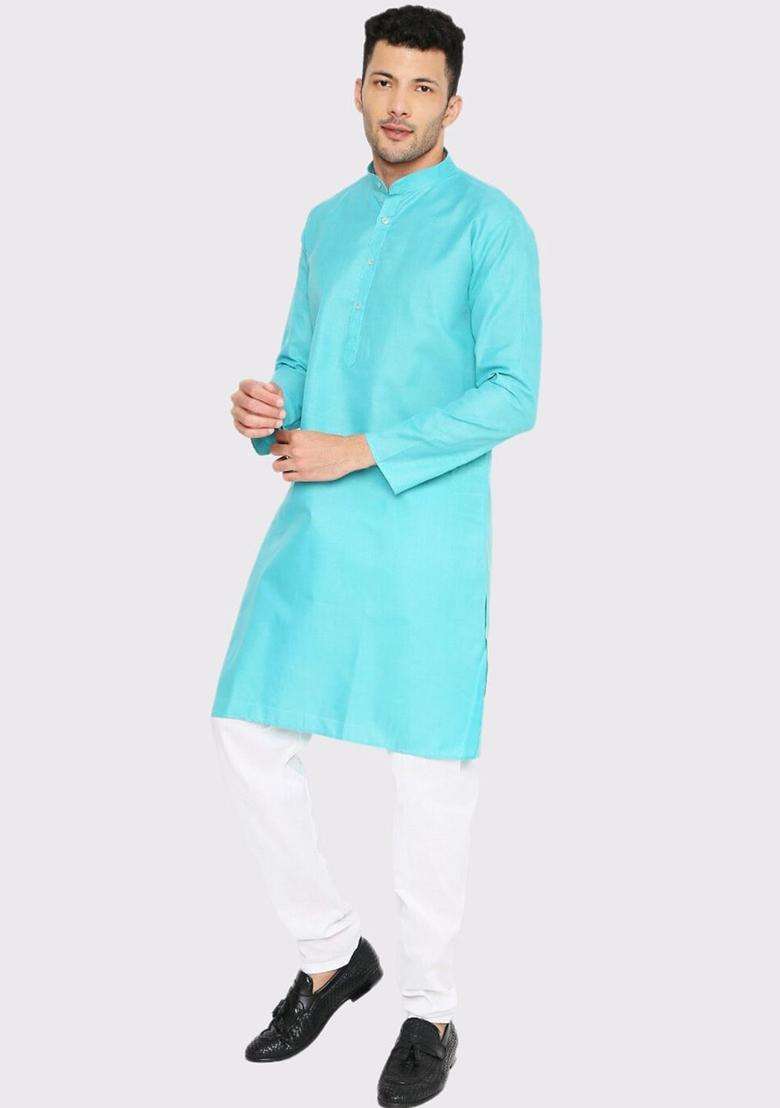 Turquoise Blue Solid Cotton Kurta Set For Men - Indya