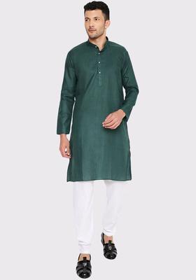 Green Solid Cotton Kurta Set For Men