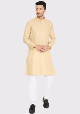 Beige Solid Cotton Kurta Set For Men