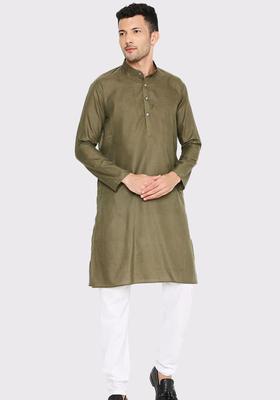 Green Solid Cotton Kurta Set For Men