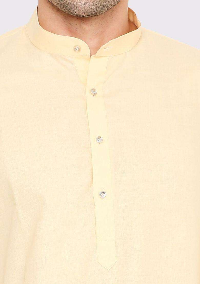 Yellow Solid Cotton Kurta Set For Men - Indya