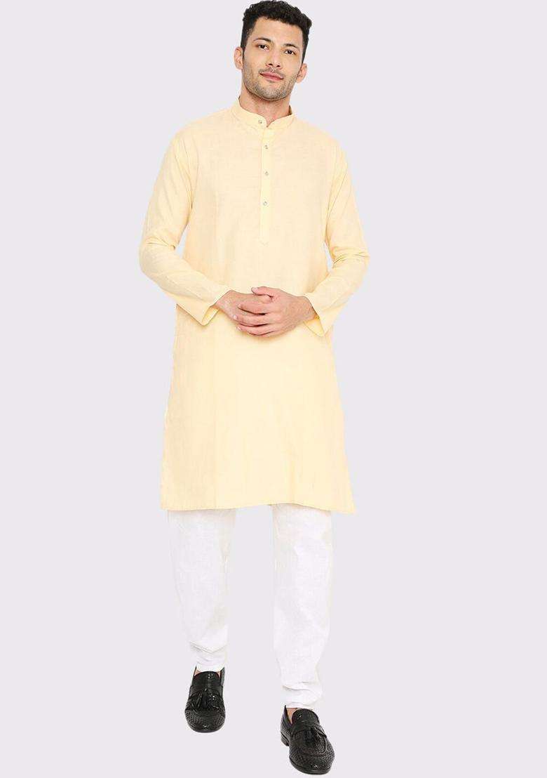 Yellow Solid Cotton Kurta Set For Men - Indya