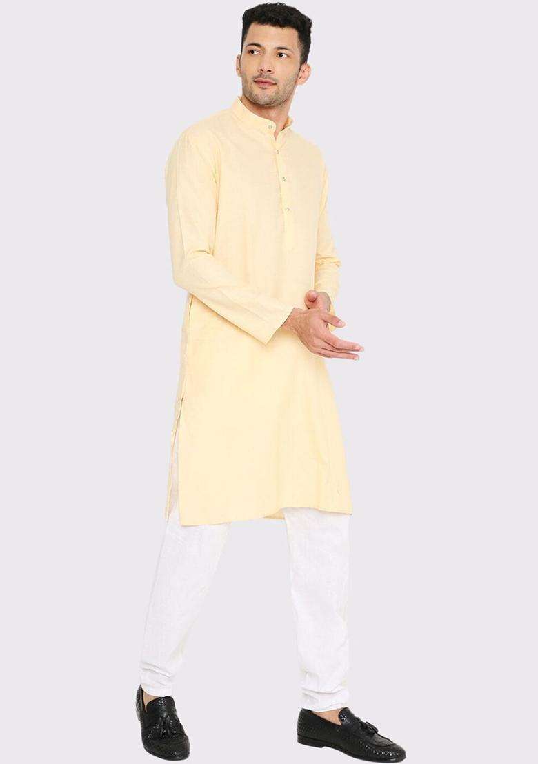 Yellow Solid Cotton Kurta Set For Men - Indya