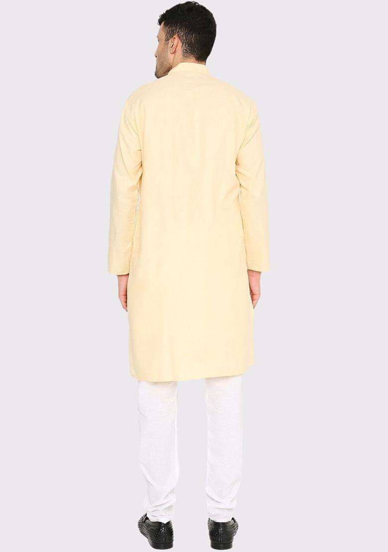 Yellow Solid Cotton Kurta Set For Men - Indya