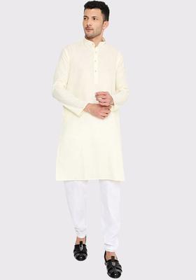 Yellow Solid Cotton Kurta Set For Men