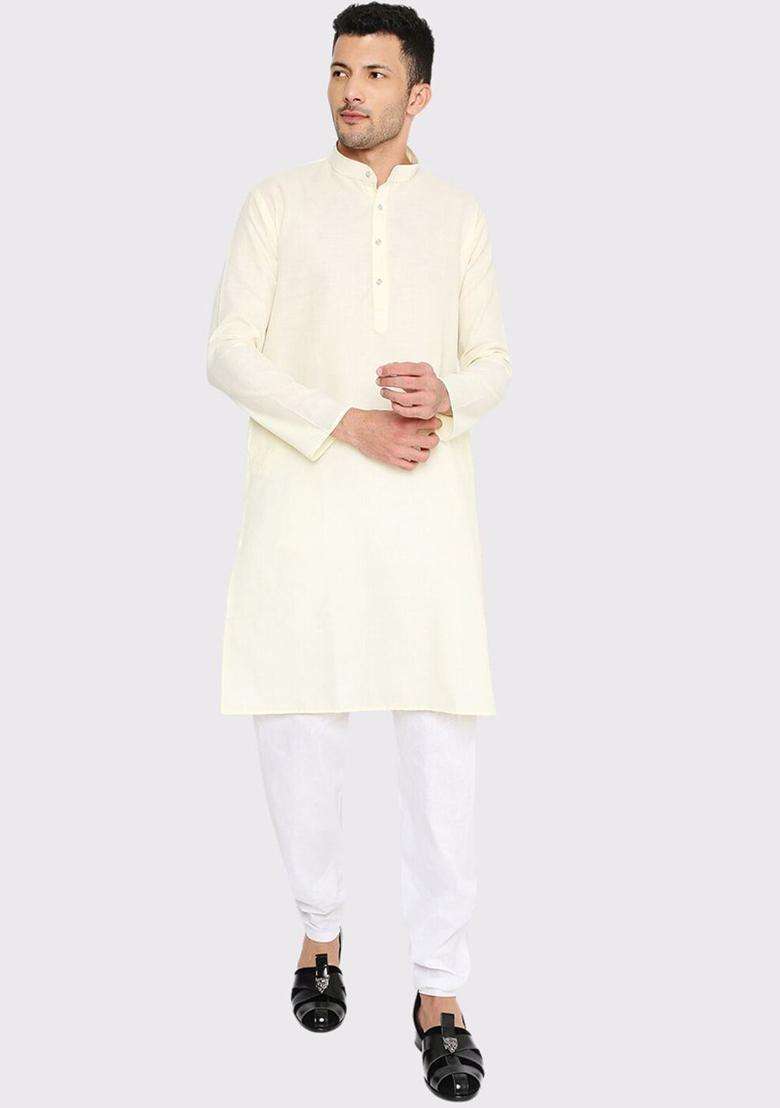 Yellow Solid Cotton Kurta Set For Men - Indya
