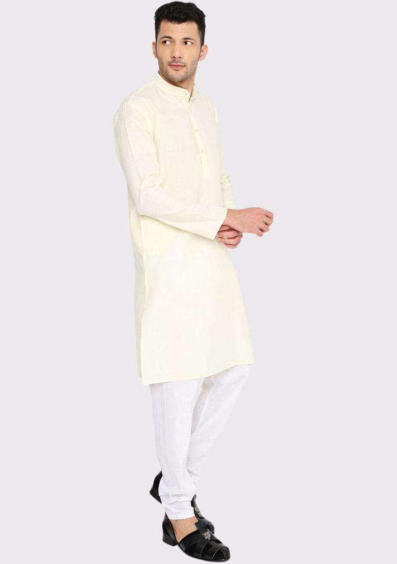 Yellow Solid Cotton Kurta Set For Men - Indya