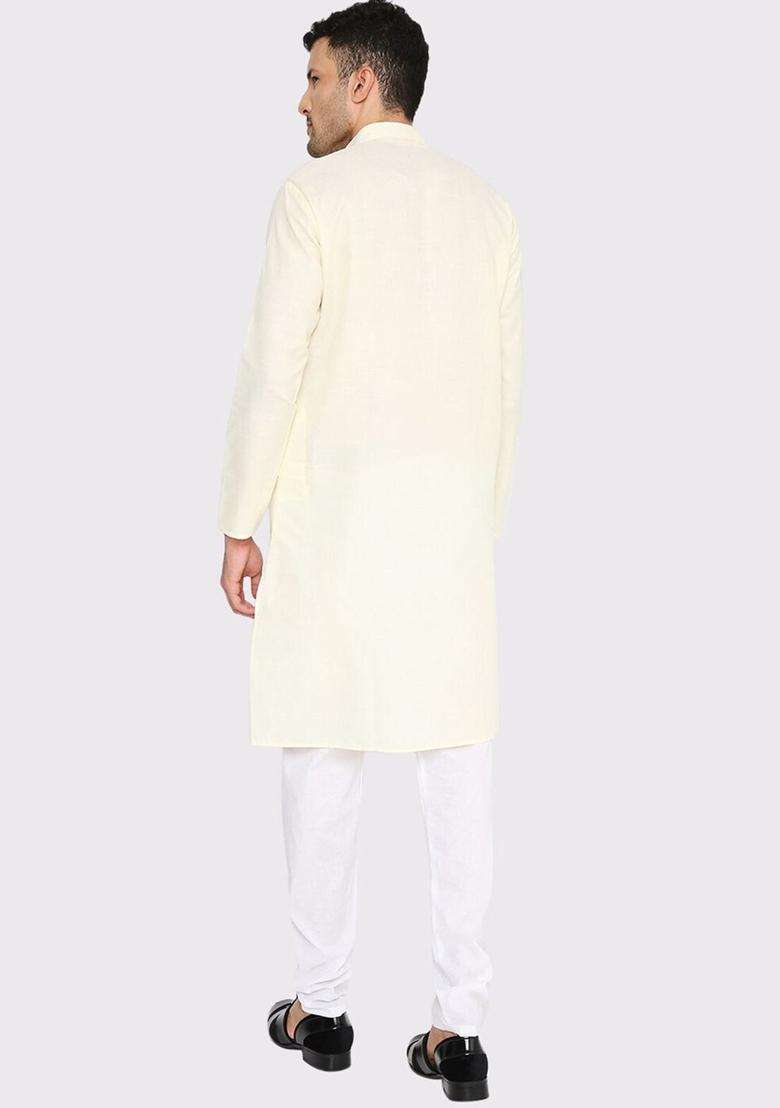 Yellow Solid Cotton Kurta Set For Men - Indya