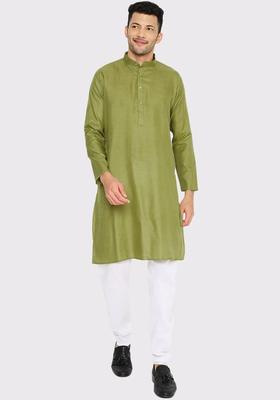 Olive Solid Cotton Kurta Set For Men
