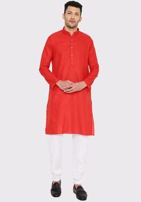 Red Solid Cotton Kurta Set For Men