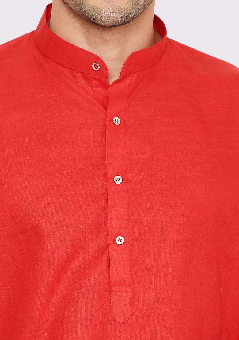 Red Solid Cotton Kurta Set For Men - Indya