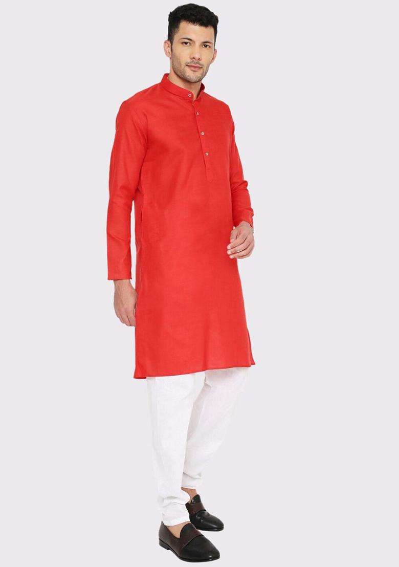 Red Solid Cotton Kurta Set For Men - Indya