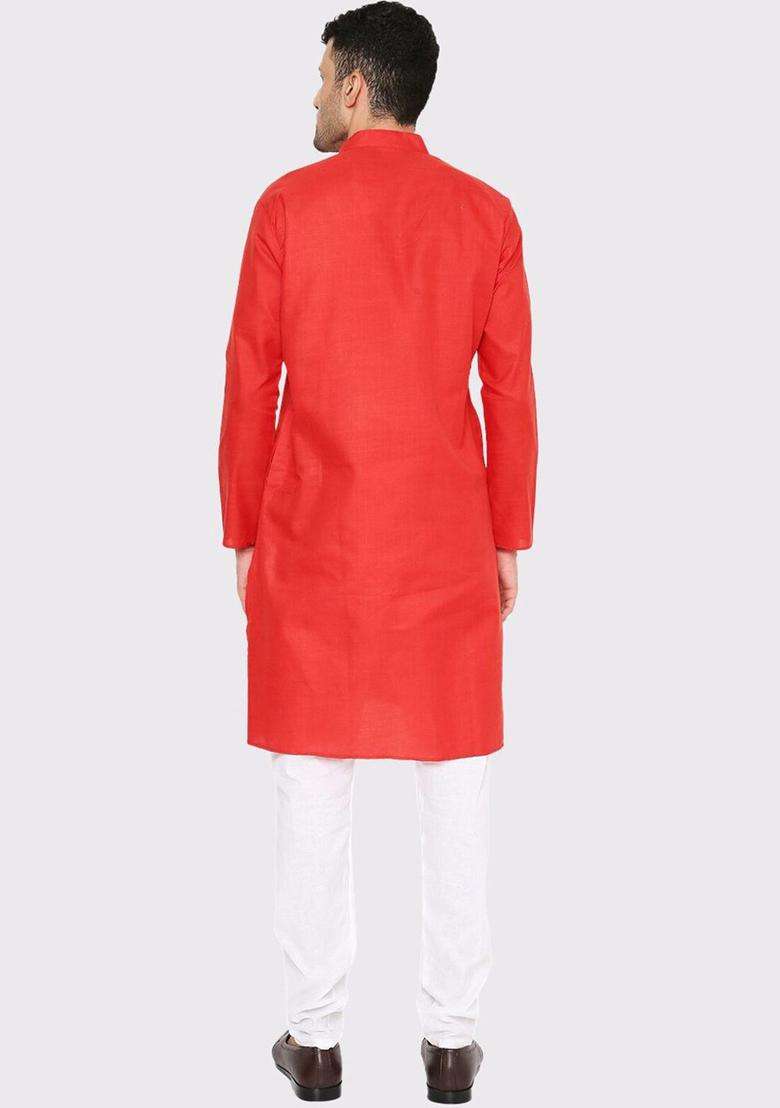 Red Solid Cotton Kurta Set For Men - Indya