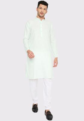 Lime Green Solid Cotton Kurta Set For Men