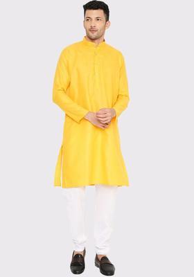 Yellow Solid Cotton Kurta Set For Men