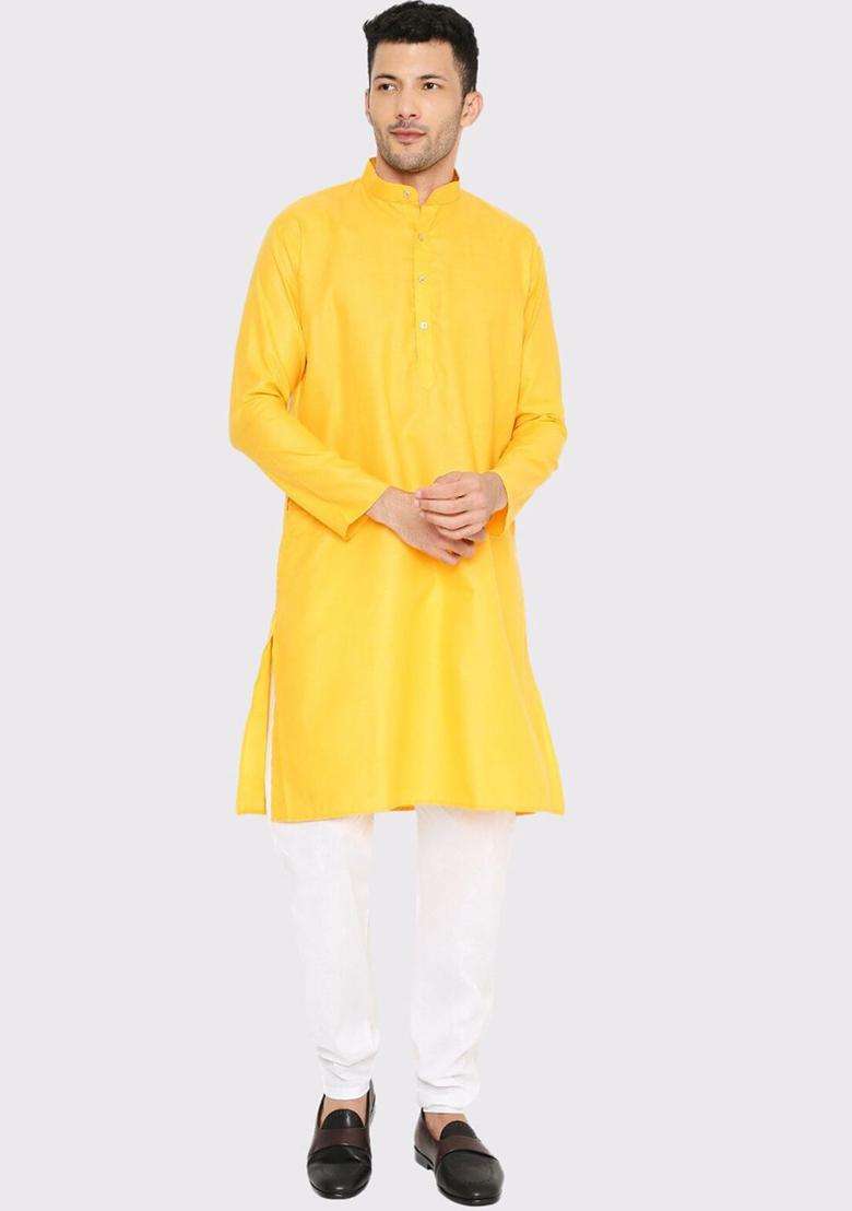 Yellow Solid Cotton Kurta Set For Men - Indya