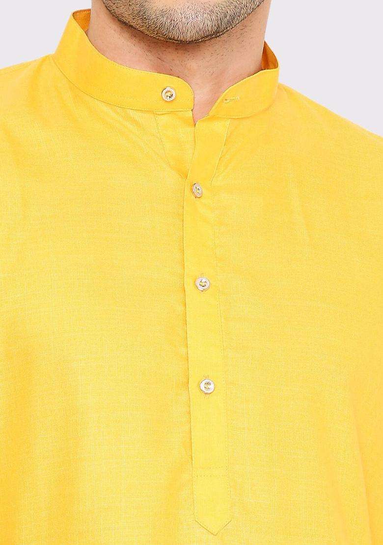 Yellow Solid Cotton Kurta Set For Men - Indya