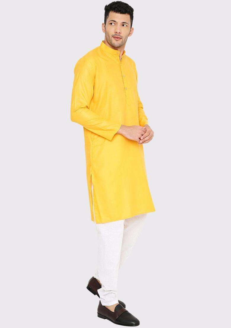 Yellow Solid Cotton Kurta Set For Men - Indya