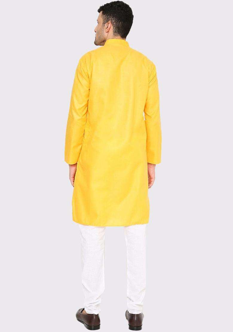 Yellow Solid Cotton Kurta Set For Men - Indya