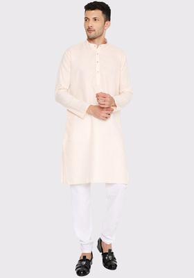 Peach Solid Cotton Kurta Set For Men