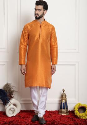 Orange Solid Silk Kurta Set For Men