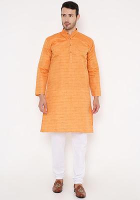 Orange Solid Silk Kurta Set For Men
