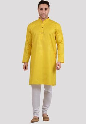 Yellow Printed Viscose Kurta Set For Men