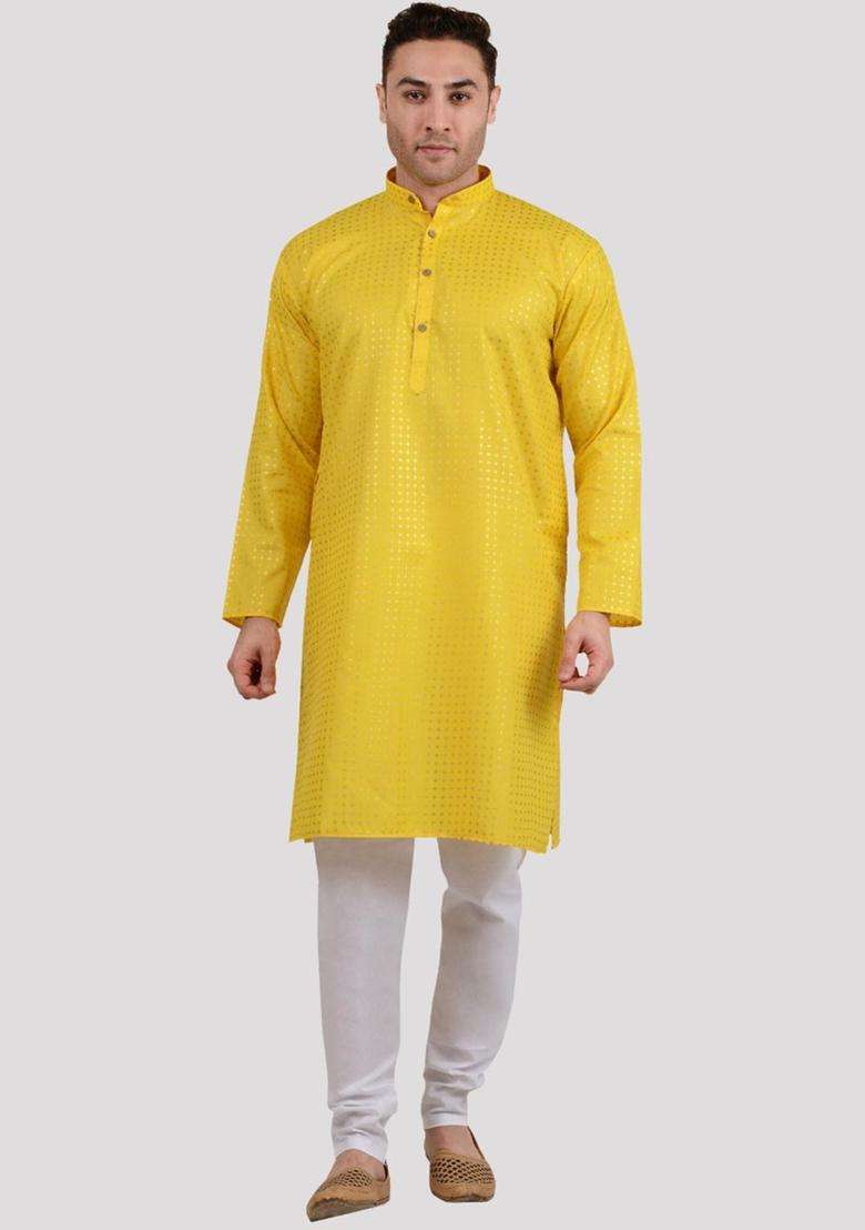 Yellow Printed Viscose Kurta Set For Men - Indya