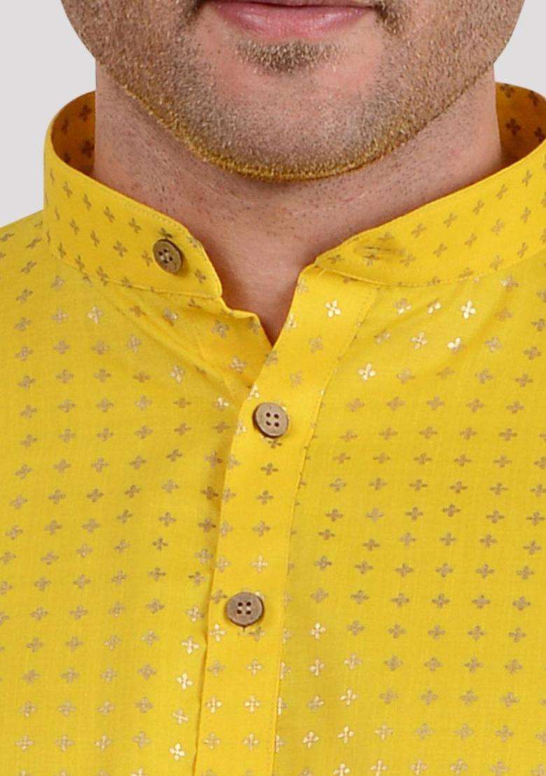 Yellow Printed Viscose Kurta Set For Men - Indya