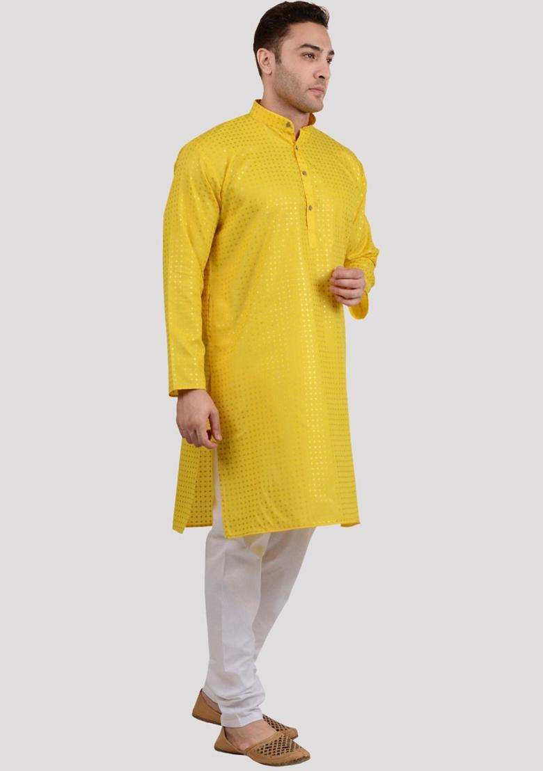 Yellow Printed Viscose Kurta Set For Men - Indya
