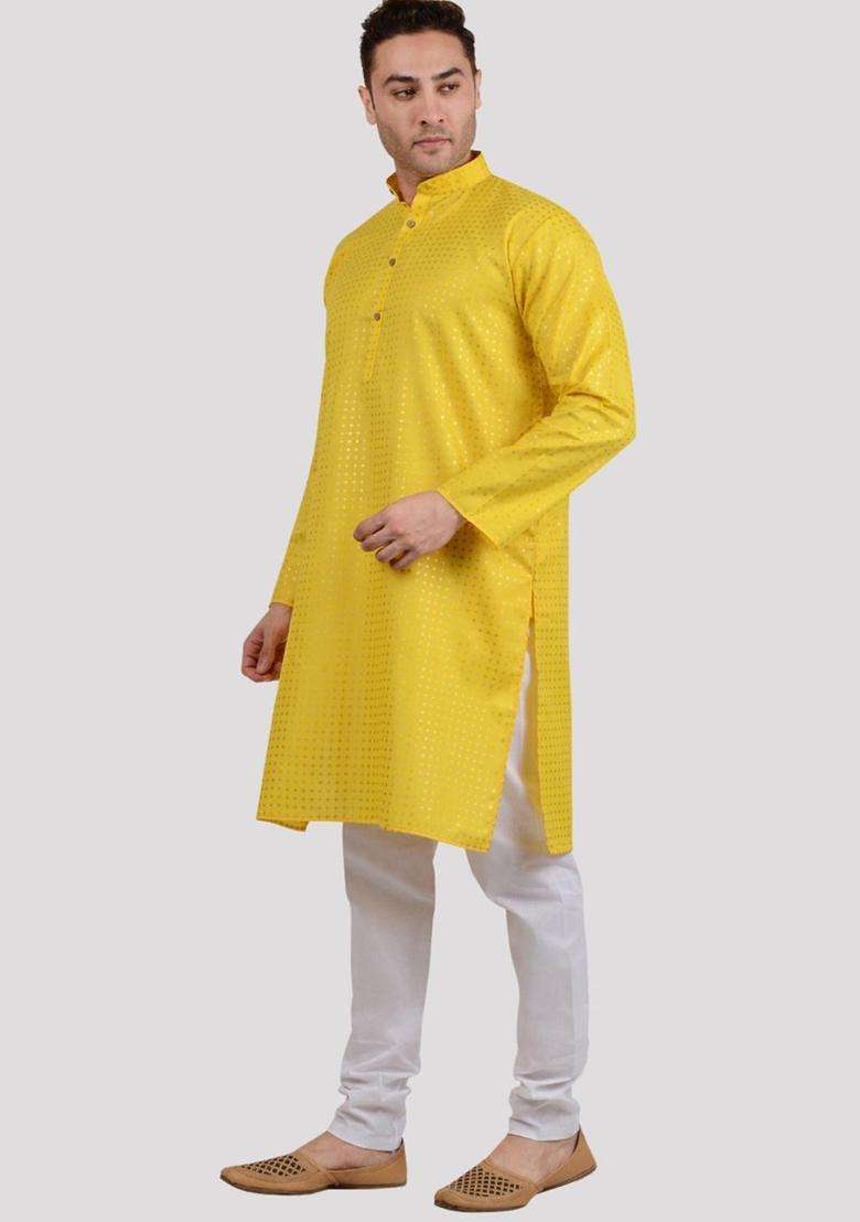 Yellow Printed Viscose Kurta Set For Men - Indya