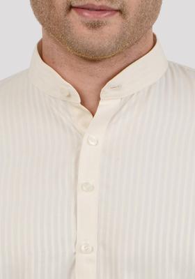 Beige Striped Cotton Kurta Set For Men