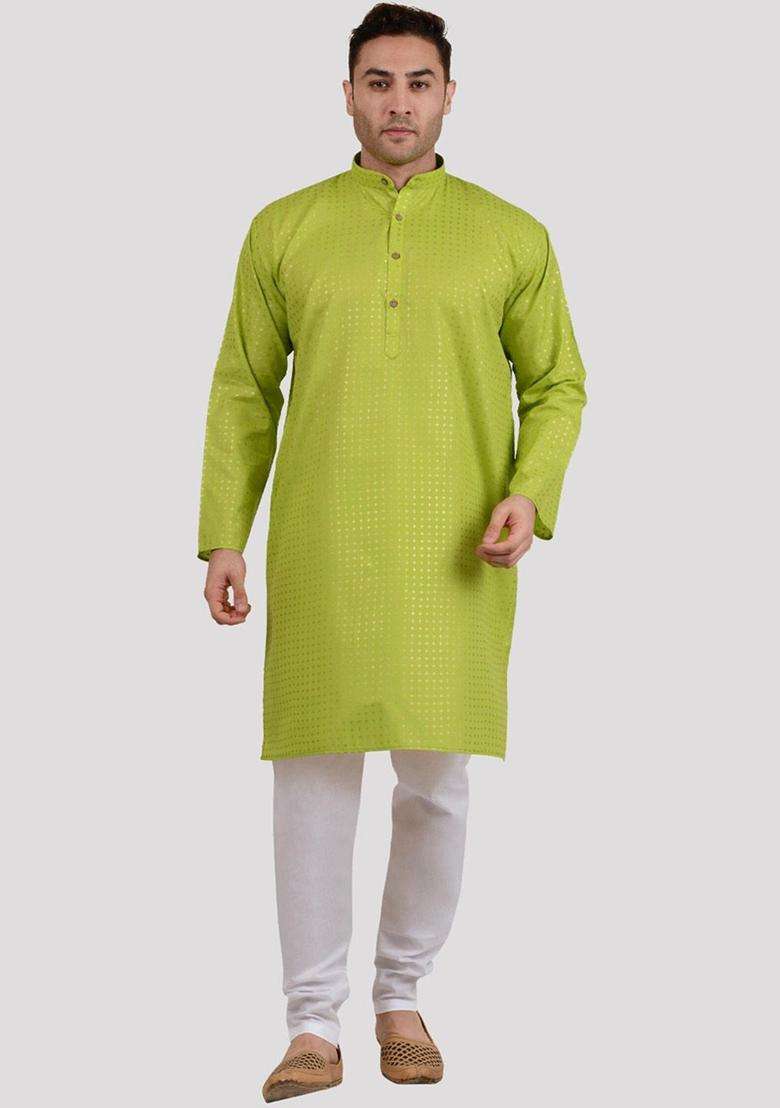 Green Printed Viscose Kurta Set For Men - Indya